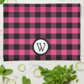 モノグラムクラシック付き黒とピンクのバッファローのプレイド キッチンタオル (折り畳み)
