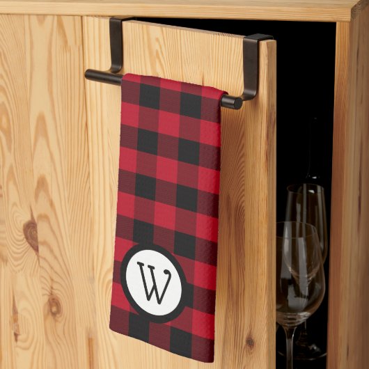モノグラムクラシック付き黒と赤のバッファローのプレイド キッチンタオル (三つ折り)