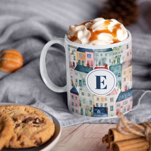 モノグラムクリスマカラフルスハウスホリデイ コーヒーマグカップ