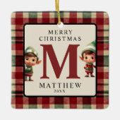 モノグラムクリスマスエルフ写真ツリー セラミックオーナメント (正面)