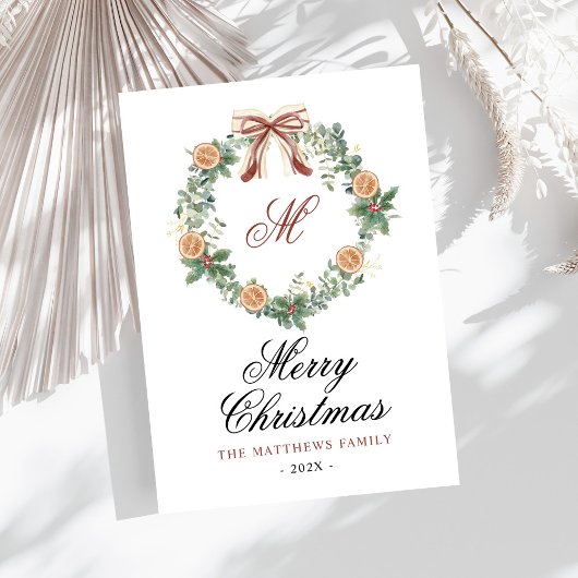 モノグラムクリスマスオレンジリースボウノンフォト シーズンカード