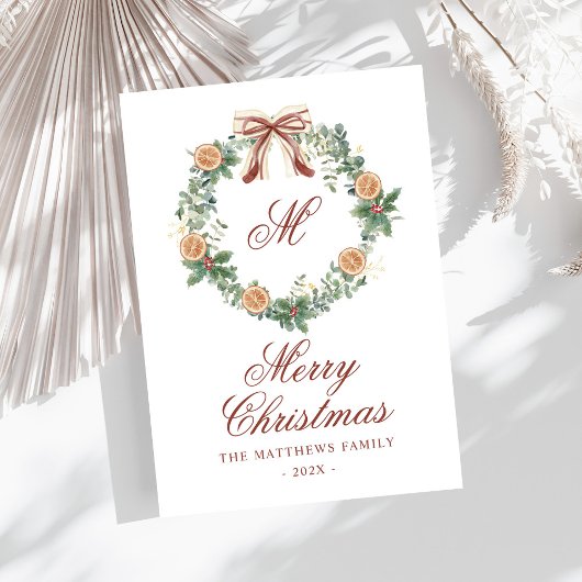 モノグラムクリスマスオレンジリースボウノンフォト シーズンカード