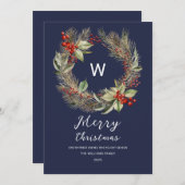 モノグラムクリスマスグリーンリースオンネイビーブルー シーズンカード (正面/裏面)