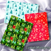モノグラムクリスマスツリースノーフレークスハッピーホリデー ラッピングペーパーシート