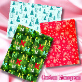 モノグラムクリスマスツリースノーフレークスハッピーホリデー ラッピングペーパーシート