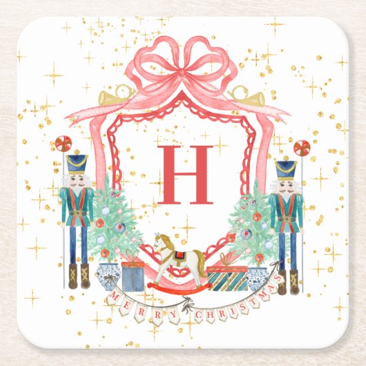 モノグラムクリスマスナツクラッカークレスト スクエアペーパーコースター (正面)