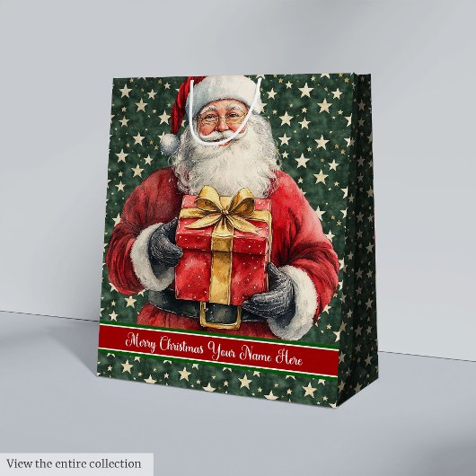 モノグラムクリスマスバッグ：水彩色サンタクロース ミディアムペーパーバッグ