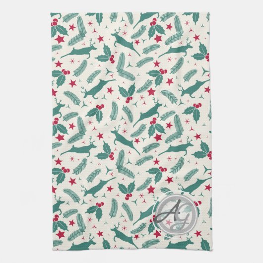 モノグラムクリスマスホリデーズデコールスタグホリーフォーク キッチンタオル (縦)