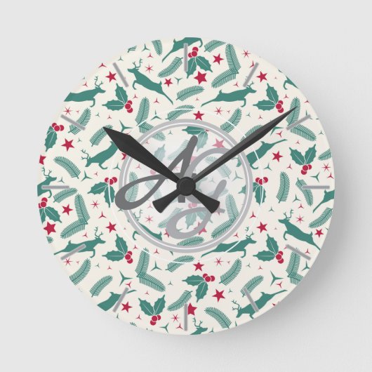 モノグラムクリスマスホリデーズデコールスタグホリーフォーク ラウンド壁時計 (正面)