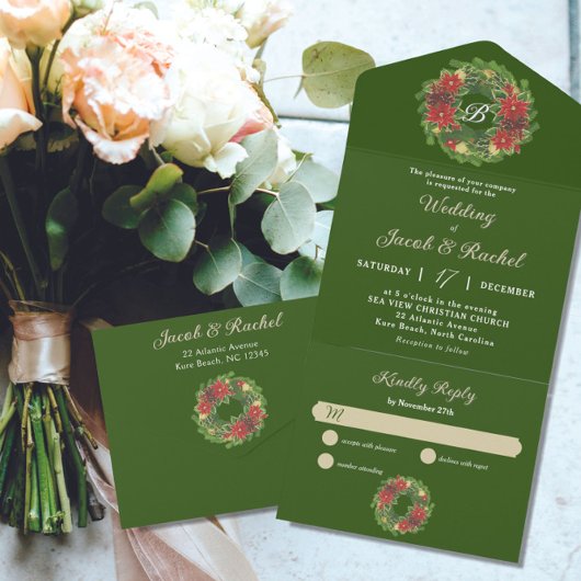 モノグラムクリスマスリースポインセティ結婚アス オールインワン招待状