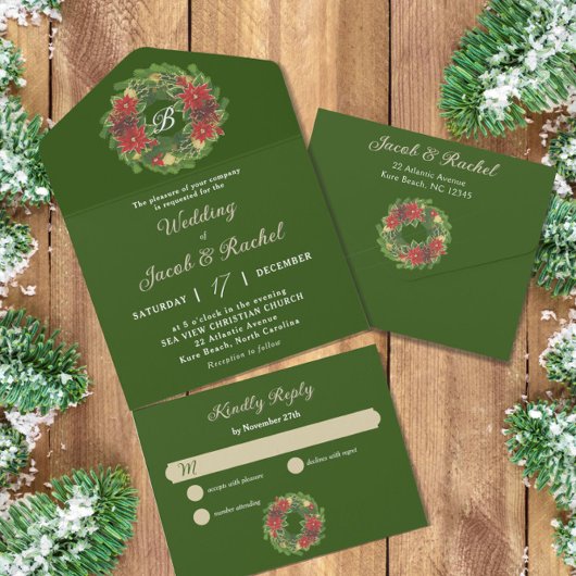 モノグラムクリスマスリースポインセティ結婚アス オールインワン招待状