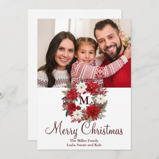 モノグラムクリスマス伝統的リースエレガント シーズンカード (正面/裏面)