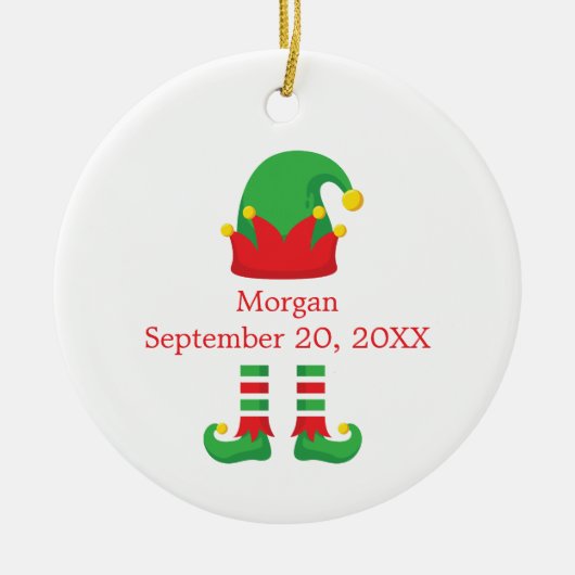 モノグラムクリスマス小妖精や小人レッドグリーンベビーギフト セラミックオーナメント (正面)