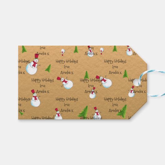 モノグラムクリスマス金ゴールド雪だるま ギフトタグ (正面(横))