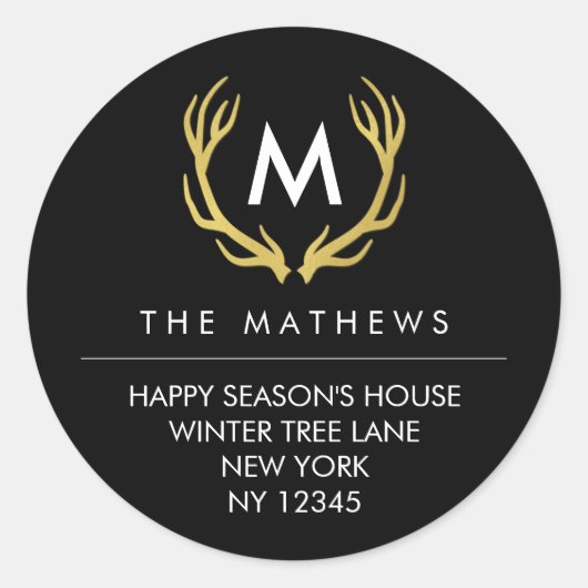 モノグラムクリスマス〔雄ジカの〕枝角差出人住所ラベル ラウンドシール (正面)