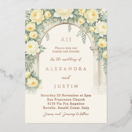 モノグラムクリームイエローフローラ結婚アーチズ 箔招待状 (正面)
