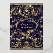 モノグラムクレストアンティークスクロールNavy 結婚 Blue's 箔招待状 (正面)