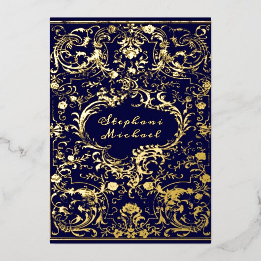 モノグラムクレストアンティークスクロールNavy 結婚 Blue's 箔招待状 (正面)