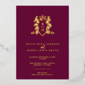 モノグラムクレストハートクラウンダークワインレッド結婚ズ 箔招待状 (正面)