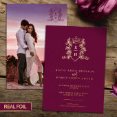 モノグラムクレストハートクラウンダークワインレッド結婚ズ 箔招待状