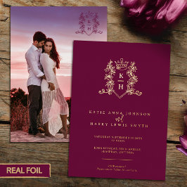 モノグラムクレストハートクラウンダークワインレッド結婚ズ 箔招待状