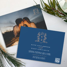 モノグラムクレストハートクラウンブルーバラ金ゴールド結婚ズ 招待状
