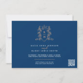 モノグラムクレストハートクラウンブルーバラ金ゴールド結婚ズ 招待状 (正面)