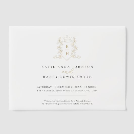 モノグラムクレストハートクラウン白金ゴールド結婚ズ ベラム紙招待状 (正面)
