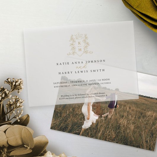 モノグラムクレストハートクラウン白金ゴールド結婚ズ ベラム紙招待状