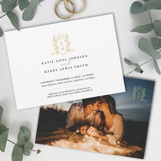 モノグラムクレストハートクラウン白金ゴールド結婚ズ 招待状