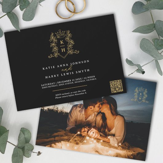 モノグラムクレストハートクラウン黒金ゴールド 招待状