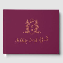 モノグラムクレストバラ金ゴールド結婚ダークレッドのゲスト ゲストブック