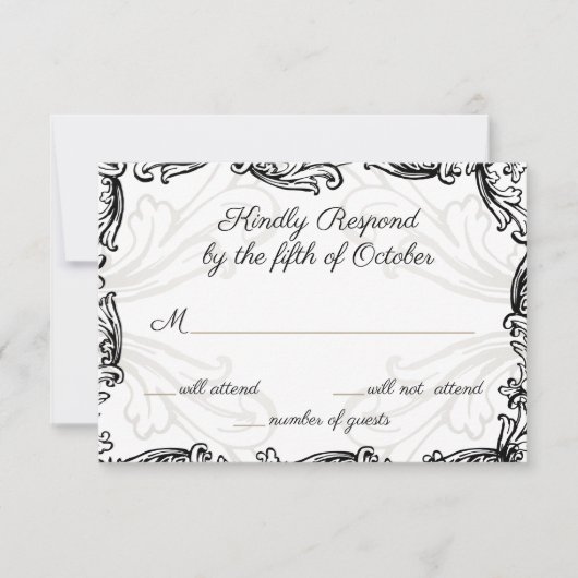 モノグラムクレストブラックと金ゴールドヴィンテージウェディングrsvp 出欠カード (正面)