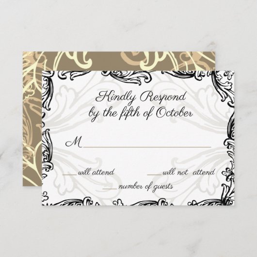 モノグラムクレストブラックと金ゴールドヴィンテージウェディングrsvp 出欠カード (正面/裏面)