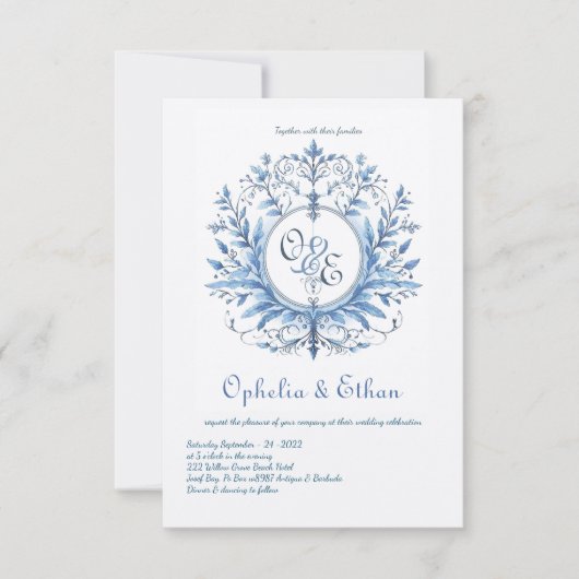 モノグラムクレストロココブルー結婚式招待状 招待状 (正面)