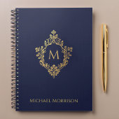 モノグラムクレスト海軍フェイク青金ゴールドエレガント名 ノートブック