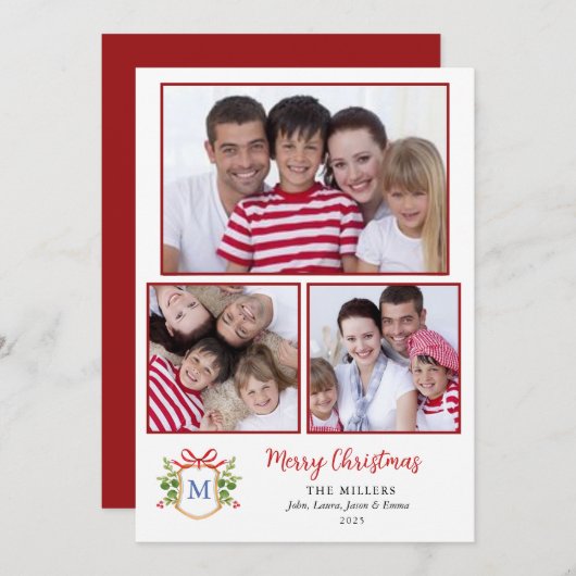 モノグラムクレスト複数の写真クリスマスグリーティング シーズンカード (正面/裏面)