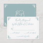 モノグラムクレスト金ゴールドほこりっぽいブルーウェディングスプ 出欠カード (正面/裏面)