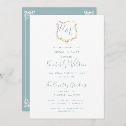モノグラムクレスト金ゴールドダスティブルーブライダルシャワー 招待状 (正面/裏面)