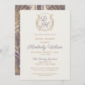 モノグラムクレスト金ゴールドヴィンテージ紫ブライダルシャワー 招待状 (正面/裏面)