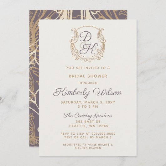 モノグラムクレスト金ゴールドヴィンテージ紫ブライダルシャワー 招待状 (正面/裏面)
