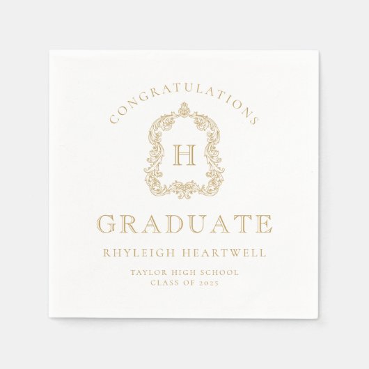 モノグラムクレスト金ゴールド白卒業パーティー スタンダードカクテルナプキン (正面)