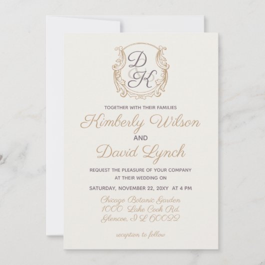 モノグラムクレスト金ゴールド紫ヴィンテージウェディング 招待状 (正面)