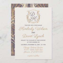 モノグラムクレスト金ゴールド紫ヴィンテージウェディング 招待状