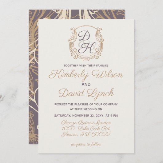 モノグラムクレスト金ゴールド紫ヴィンテージウェディング 招待状 (正面/裏面)