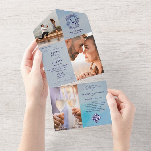 モノグラムクレスト3フォトQRコー名門私立校風のドブルー結婚ズ オールインワン招待状 (貼ってはがせる)