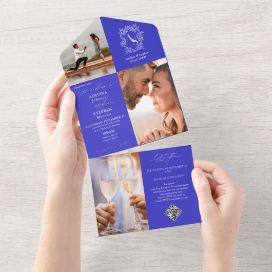 モノグラムクレスト3フォトQRコー王室のドブルー結婚ズ オールインワン招待状 (貼ってはがせる)