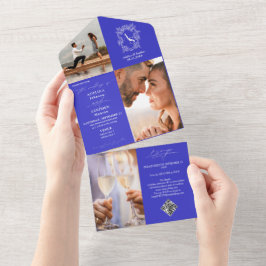 モノグラムクレスト3フォトQRコー王室のドブルー結婚ズ オールインワン招待状