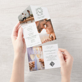 モノグラムクレスト3写真QRコードSage Green 結婚's オールインワン招待状