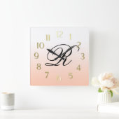 モノグラムグラデーションで任意の色に桃 スクエア壁時計 (ホーム)